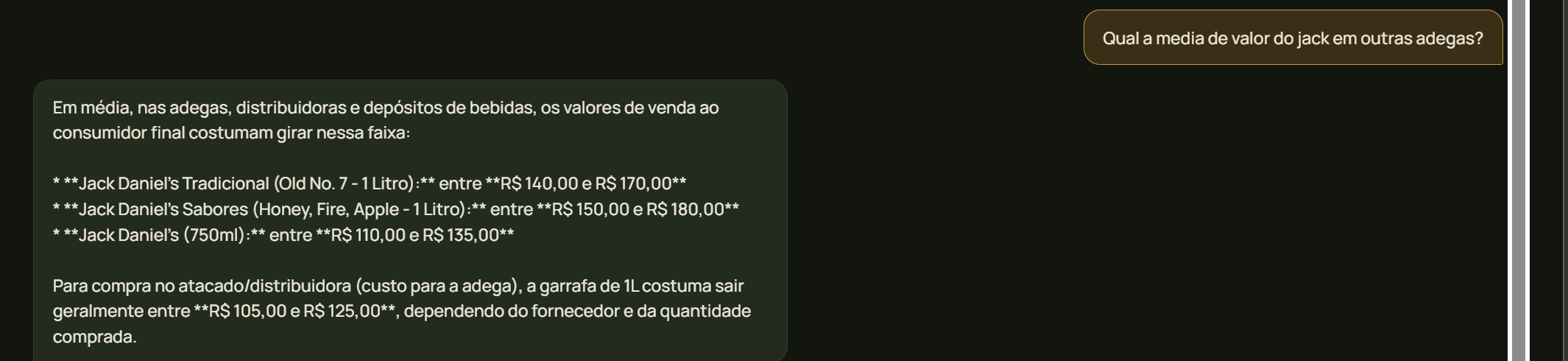 Oslo respondendo, com dados reais de mercado, uma pergunta sobre o preço médio do Jack Daniel's em outras adegas